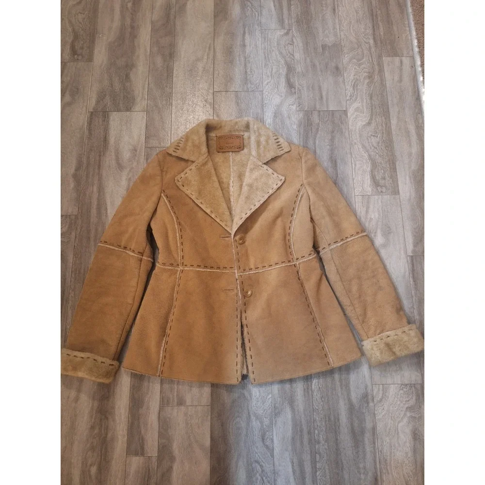 Guess Vintage Y2K Tan Genuine Suede Leather Faux Fur Lined Button Closure Coat M - Picture 1 of 10